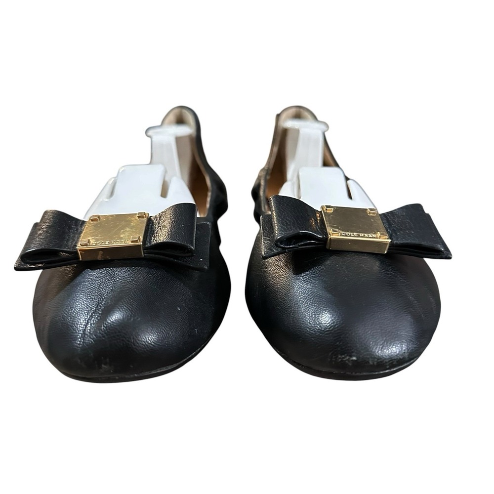 Cole Haan Tali Bow Ballet Flats Gold Square Black Leather Shoes Women's 9.5 B - Picture 3 of 10